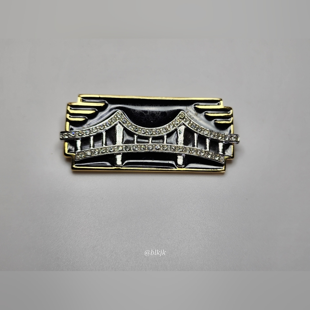 Vintage Monet Rhinestone And Enamel City Bridge Brooch *Black/Gold*  EUC